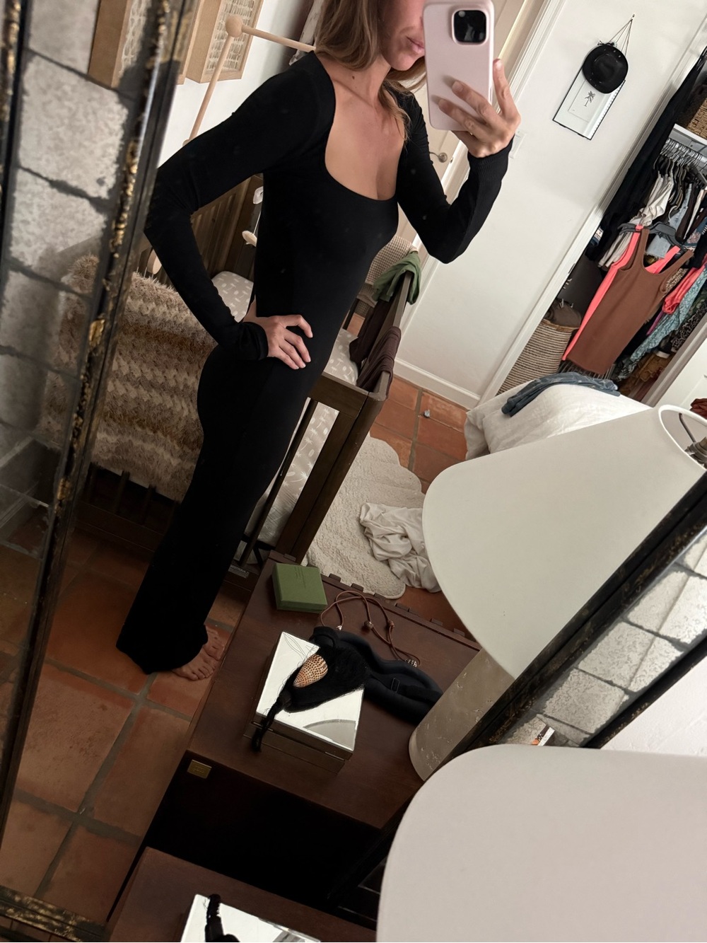 SKIMS Black Long-Sleeve Maxi Scoop Dress